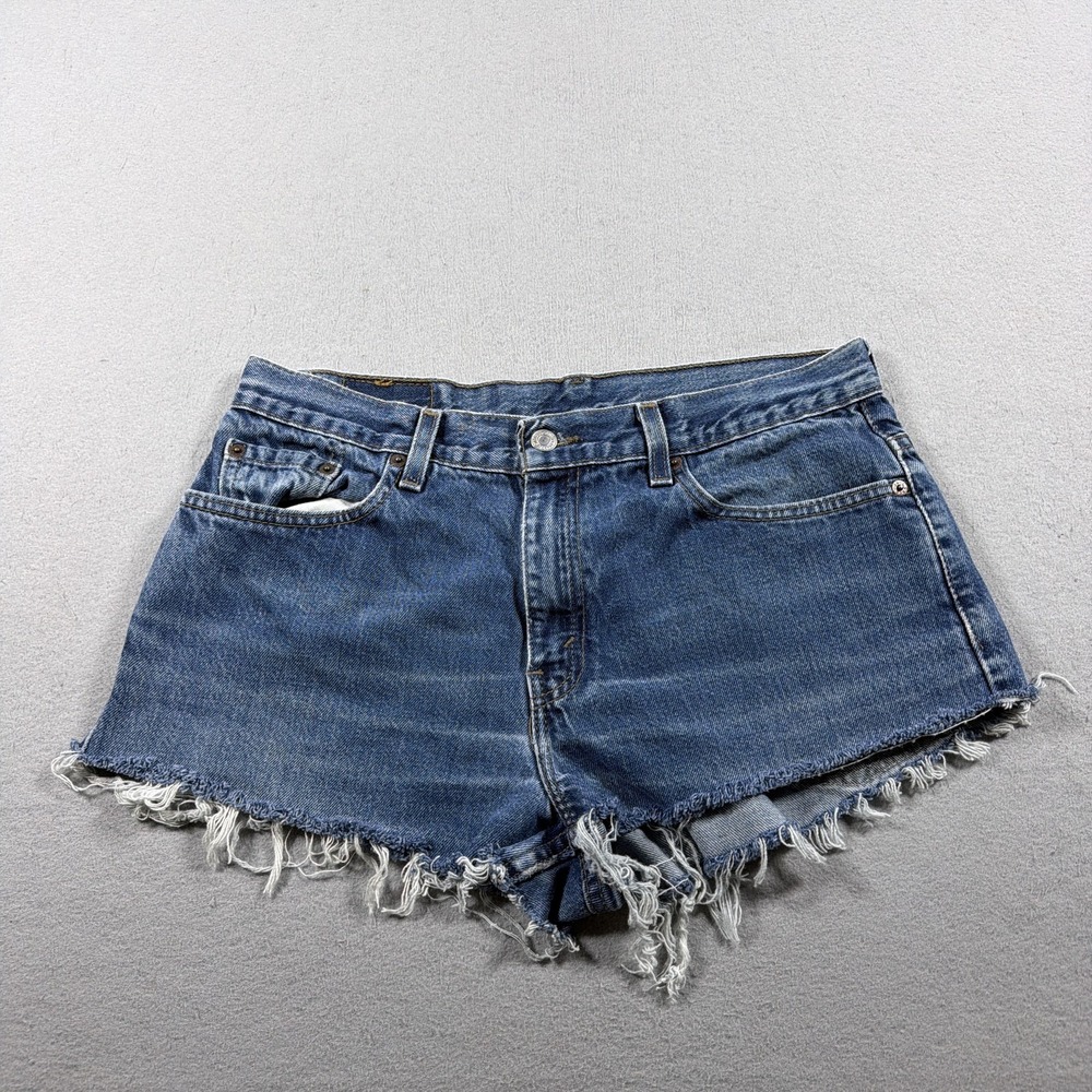 Vintage Levis 577 Shorts Womens 12 Blue Denim Low Rise Cutoff Frayed Raw Hem USA